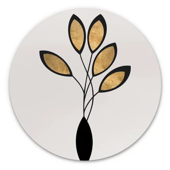 Alu-Dibond Wall Circle Kubistika - Abstract Golden Glower in Black Vase 