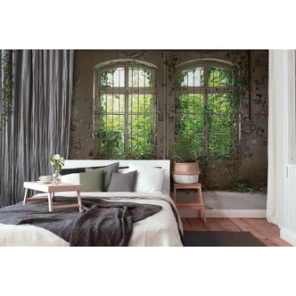 photo wallpaper designwalls in green and grey non-woven wallpaper Old Window concrete look nature 