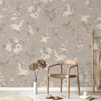 Wall Mural Bird Wallpaper Japandi | Cranes in Cherry Blossom Rush Beige - Bloomery Decor 