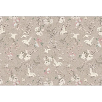Wall Mural Bird Wallpaper Japandi | Cranes in Cherry Blossom Rush Beige - Bloomery Decor 