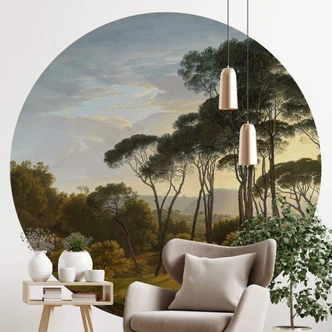 Round wall mural Voogd - Italian Landscape with Umbrella Pines (dark version) - non self-adhesive/self-adhesive wallpapers 