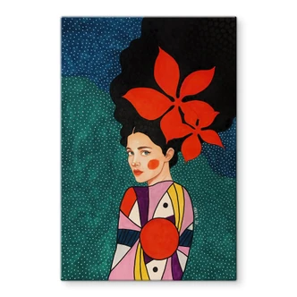 Glass Wall Art Woman with red flowers and patterned dress - Hülya 