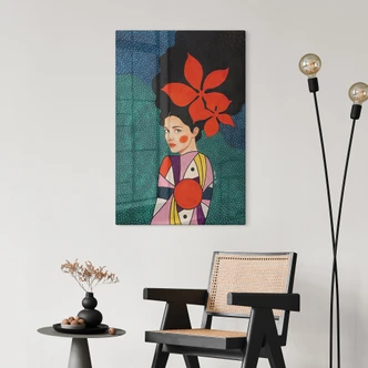 Glass Wall Art Woman with red flowers and patterned dress - Hülya 