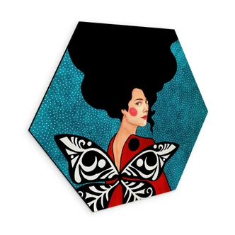 Hexagon Wall Art Woman with butterfly wings - Hülya - Alu-Dibond 