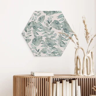 Hexagon Wall Art Jungle Leaves Watercolor Cream - Bloomery Decor - Alu-Dibond 