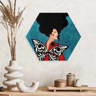 Hexagon Wall Art Woman with butterfly wings - Hülya - Alu-Dibond 