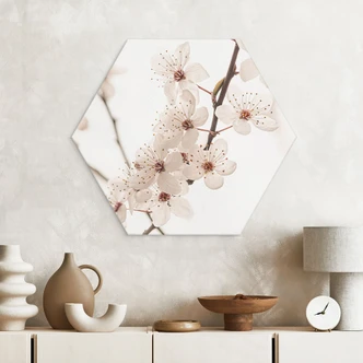 Hexagon Wall Art Branch with white cherry blossoms - Sisi & Seb - Alu-Dibond 