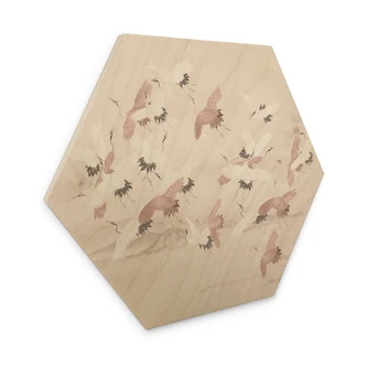 Hexagon Wood Print Cranes over the Lake - Bloomery Decor 