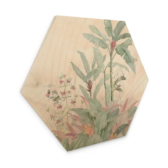 Hexagon Wood Print Tropical Idyll with Hummingbird Apricot - Bloomery Decor 