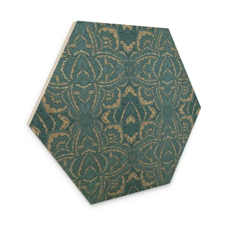 Hexagon Wood Print Vintage Mandala in Turquoise Gold - Bloomery Decor 
