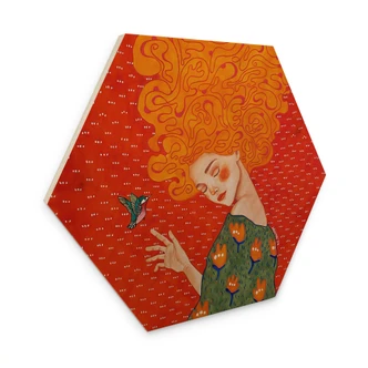 Hexagon Wood Print Hummingbird and woman in red light - Hülya 