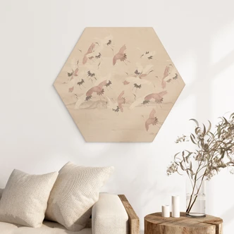 Hexagon Wood Print Cranes over the Lake - Bloomery Decor 
