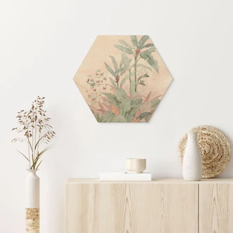 Hexagon Wood Print Tropical Idyll with Hummingbird Apricot - Bloomery Decor 