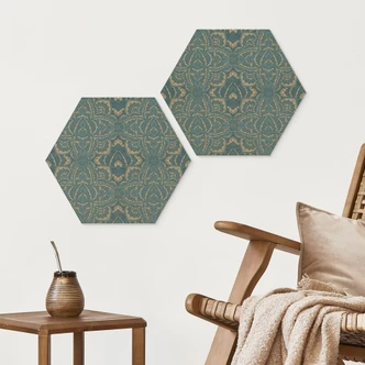 Hexagon Wood Print Vintage Mandala in Turquoise Gold - Bloomery Decor 