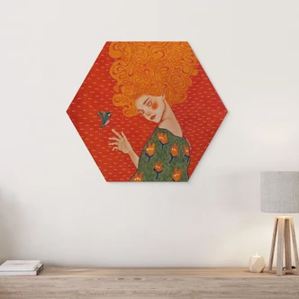 Hexagon Wood Print Hummingbird and woman in red light - Hülya 