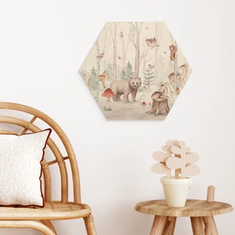 Hexagon Wood Print Forest Animals in Autumn - Kvilis 
