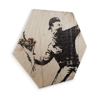 Hexagon Wood - Banksy - Flower Thrower 