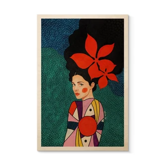 Wood Print Woman with red flowers and patterned dress - Hülya 