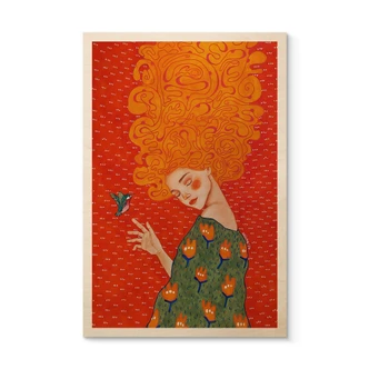 Wood Print Hummingbird and woman in red light - Hülya 
