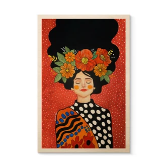 Wood Print Smiling woman with orange flowers - Hülya 