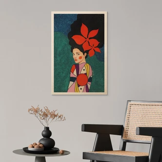 Wood Print Woman with red flowers and patterned dress - Hülya 