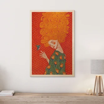 Wood Print Hummingbird and woman in red light - Hülya 