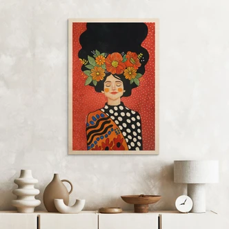 Wood Print Smiling woman with orange flowers - Hülya 
