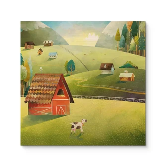 Wood Print Colorful farm in the mountains - DigitalArtsi 