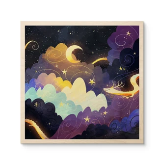 Wood Print kite flying through starry clouds - DigitalArtsi 