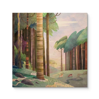 Wood Print Sunny forest with deer - DigitalArtsi 