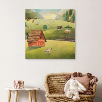 Wood Print Colorful farm in the mountains - DigitalArtsi 