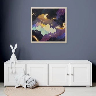 Wood Print kite flying through starry clouds - DigitalArtsi 