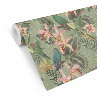 Patterned Wallpaper Jungle with Parrots Green - Bloomery Decor 
