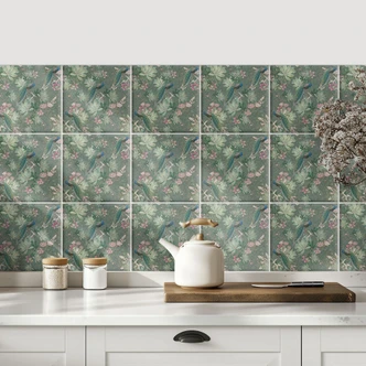 Tile stickers peacock in tropical garden on mosaic - Bloomery Decor - Set of 12 