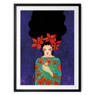 Poster Portrait - Woman with red flower crown and bird - Hülya 