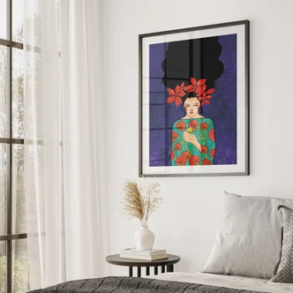 Poster Portrait - Woman with red flower crown and bird - Hülya 
