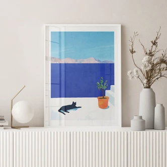 Poster summer motif - Siesta with cat by the sea - Rivers 