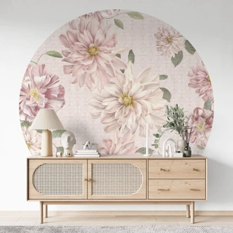 Wall Mural Dahlias Shabby Chic Pink - Bloomery Decor - Round 