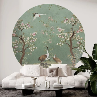 Wall Mural Cranes in floral landscape - Bloomery Decor - Round - Self-adhesive/non-woven 