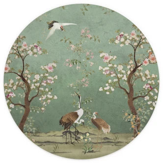 Wall Mural Cranes in floral landscape - Bloomery Decor - Round - Self-adhesive/non-woven 