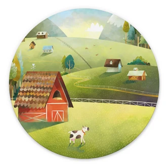 Wall Art Colorful farm in the mountains - DigitalArtsi - Round - Alu-Dibond 