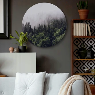 Alu-Dibond Wall Circle Foggy Trees in a Forest 