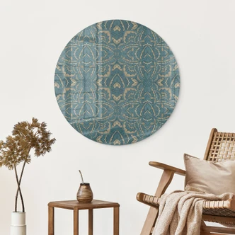 Glass Wall Art Vintage Mandala in Turquoise Gold - Bloomery Decor - Round 