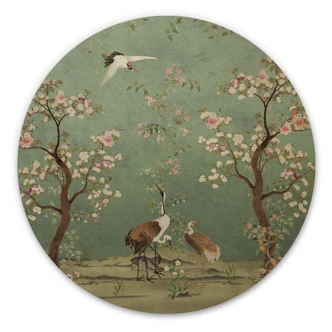 Wood Print Cranes in floral landscape - Bloomery Decor - Round 