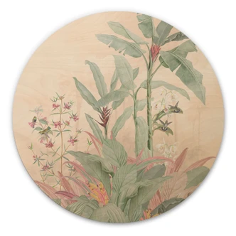 Wood Print Tropical Idyll with Hummingbird Apricot - Bloomery Decor - Round 