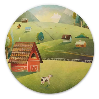 Wood Print Colorful farm in the mountains - DigitalArtsi - Round 