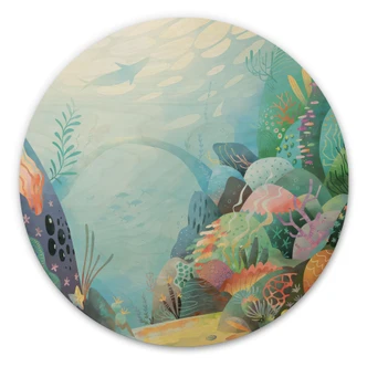 Wood Print Coral Reef in Blue Lagoon - DigitalArtsi - Round 