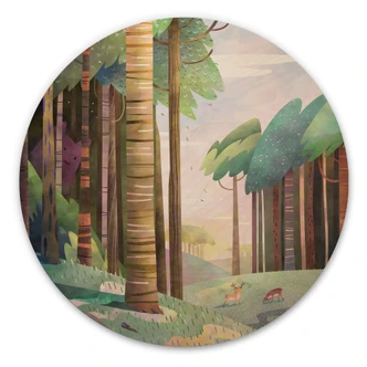 Wood Print Sunny forest with deer - DigitalArtsi - Round 
