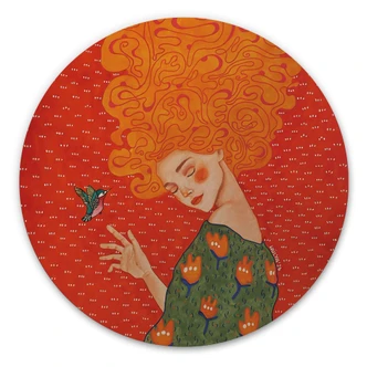 Wood Print Hummingbird and woman in red light - Hülya - Round 