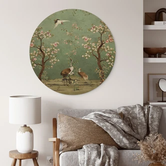 Wood Print Cranes in floral landscape - Bloomery Decor - Round 